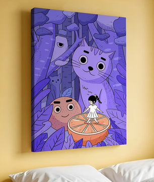 Whimsical forest scene with playful cartoon characters