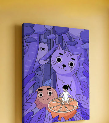 Whimsical forest scene with playful cartoon characters
