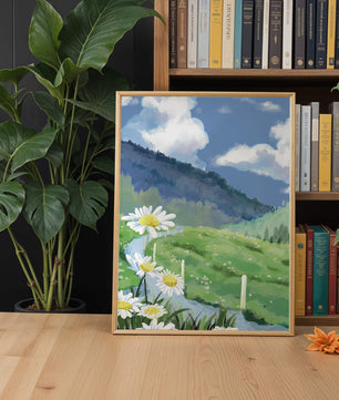 Meadow with Daisies Under Bright Blue Sky