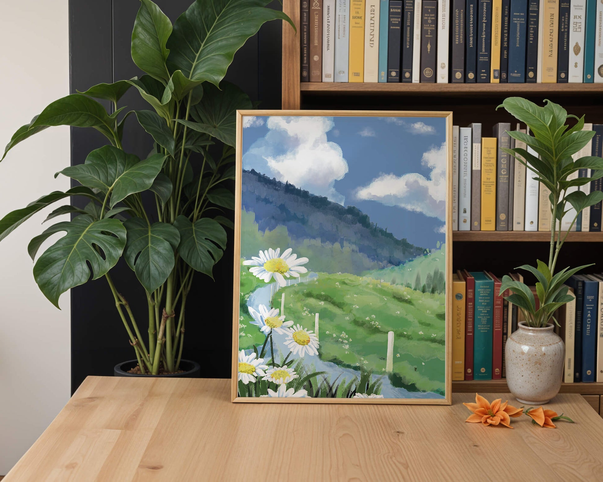 Meadow with Daisies Under Bright Blue Sky