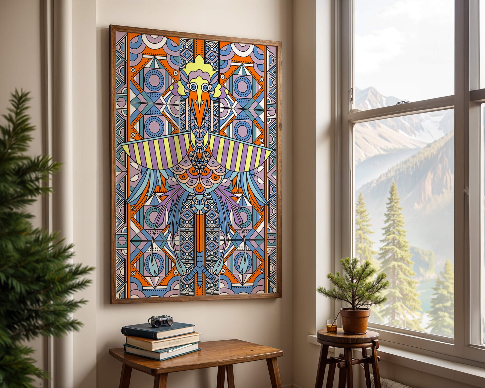 Arte geométrico de aves con patrones coloridos y detalles intrincados