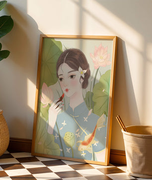 Elegant Woman in Traditional Dress with Lotus and Koi Fish - Mi tienda