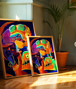 Vibrant futuristic illustration with a colorful character in helmet and flowers
