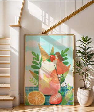 Bezaubernde Sommergetränk-Illustration mit Früchten, Blättern und einem Kind