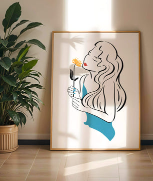 Ilustración estilizada de una mujer con una flor y elementos abstractos