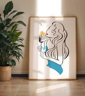 Stylized illustration of a woman with a flower and abstract elements