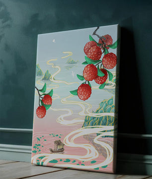 Idyllic Landscape with Lush Lychee Branches and Serene Waterscape