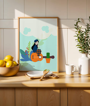 Illustration of a woman with coffee sitting on a guitar surrounded by foliage