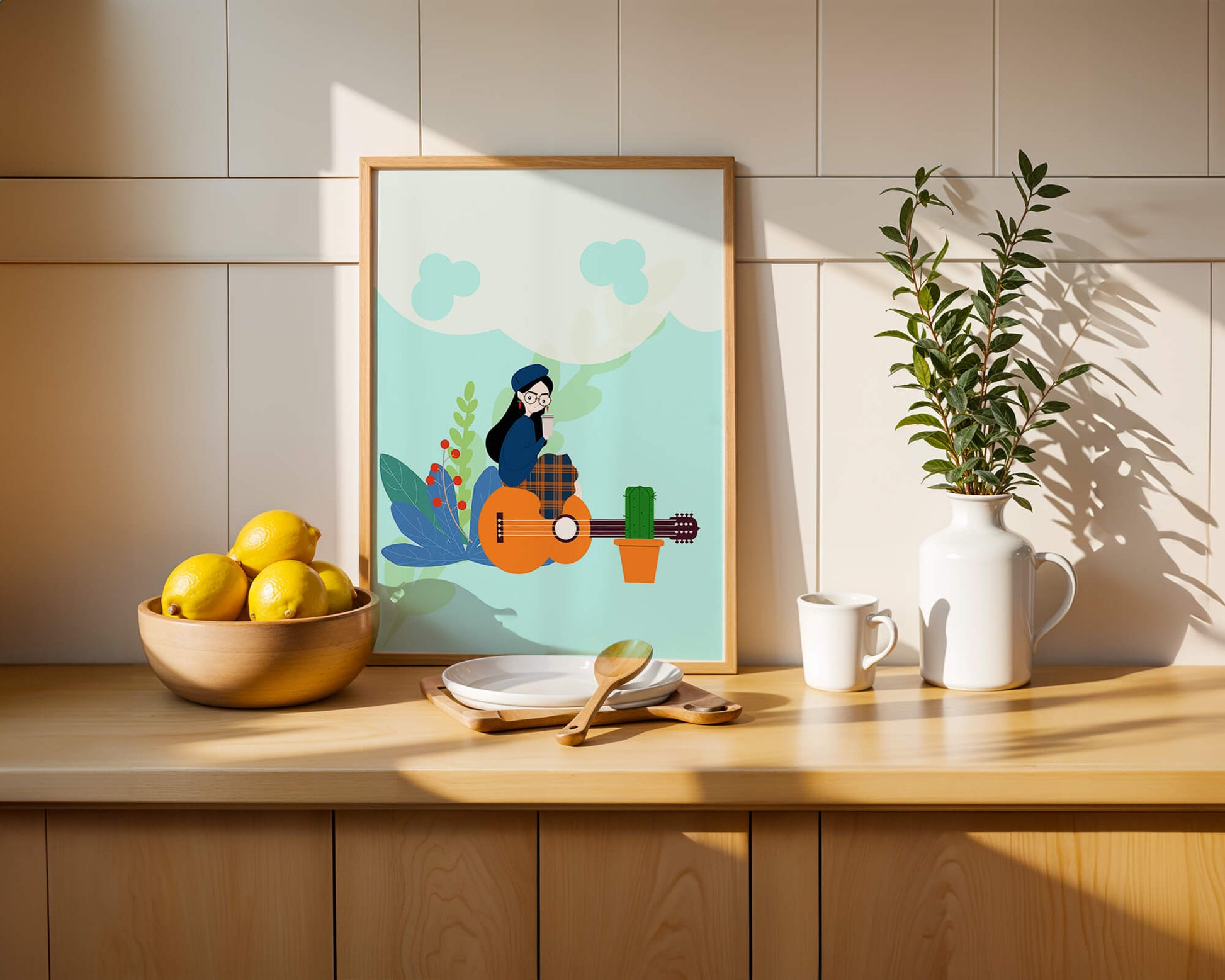 Illustration of a woman with coffee sitting on a guitar surrounded by foliage