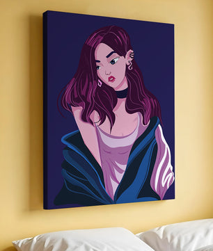 Illustration d'une fille élégante aux cheveux violets et à la veste bleue