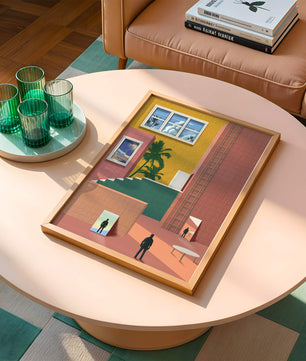 Surreale Architekturlandschaft mit tropischen Elementen und abstrakten Figuren