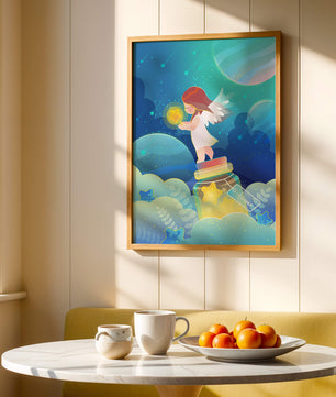 Enchanting angel collecting stars in a dreamy night sky
