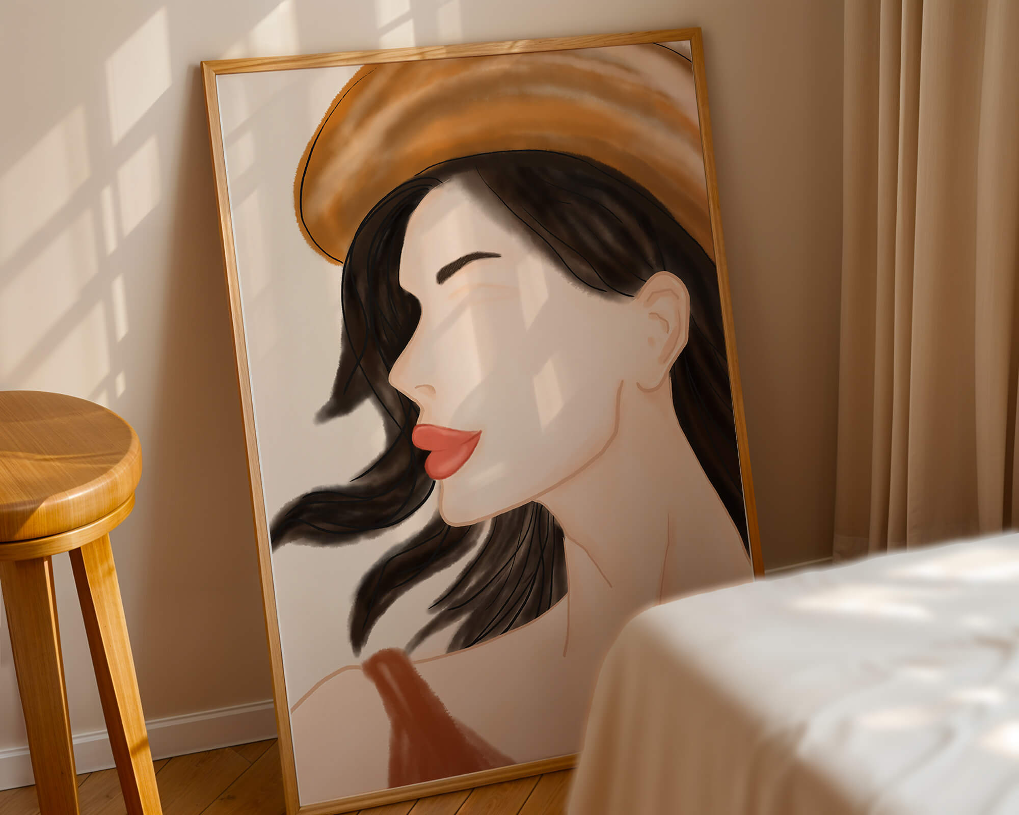 Stylized portrait of a woman in a hat with flowing hair