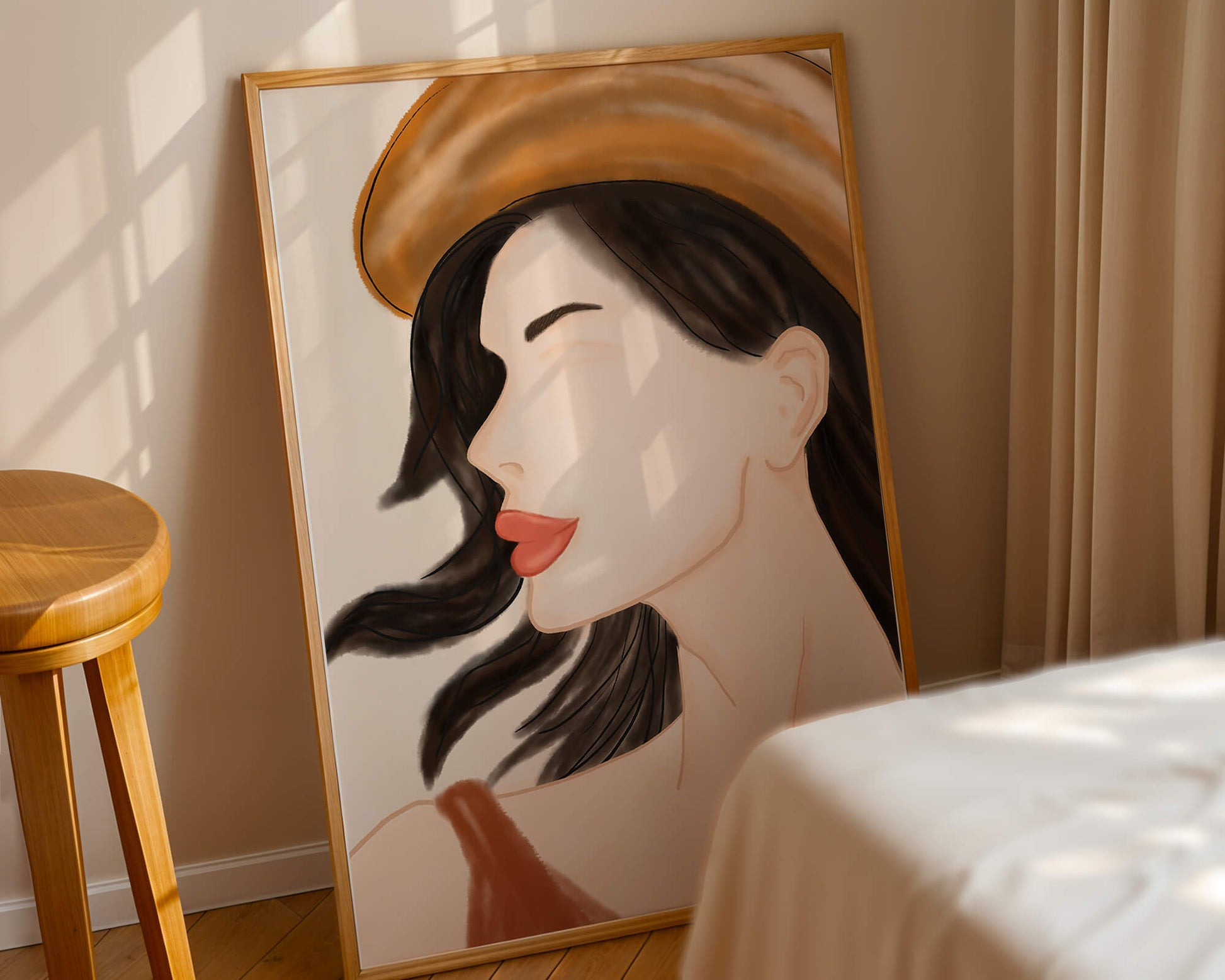 Stylized portrait of a woman in a hat with flowing hair