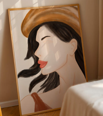 Stylized portrait of a woman in a hat with flowing hair