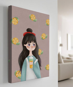 Illustration of a girl with a beverage surrounded by citrus slices