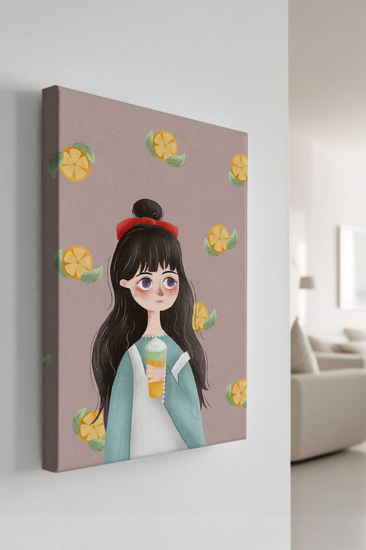 Illustration of a girl with a beverage surrounded by citrus slices
