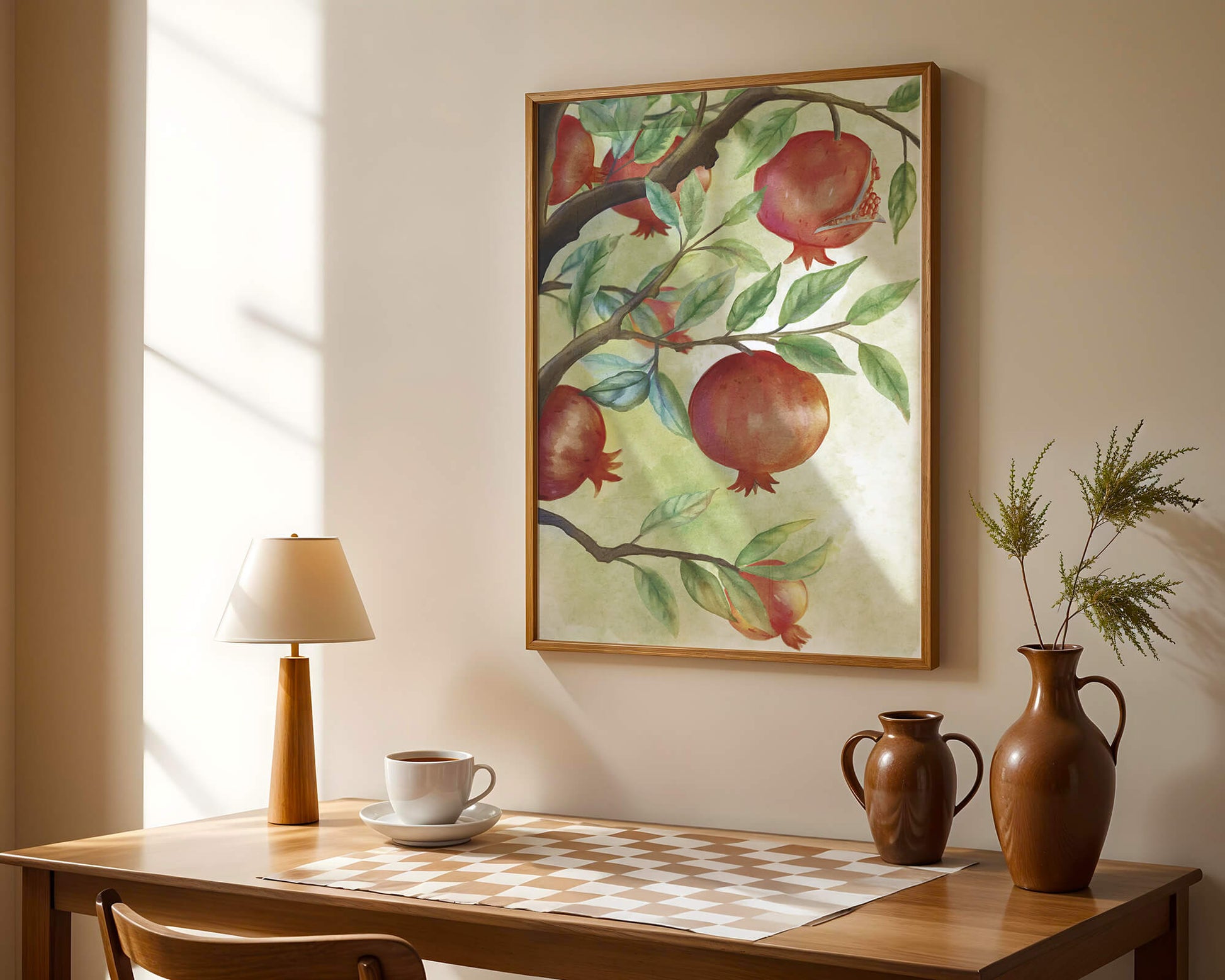 Watercolor illustration of pomegranates on a branch with leaves