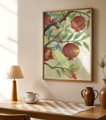 Watercolor illustration of pomegranates on a branch with leaves