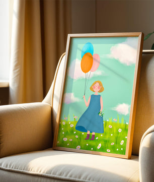 Girl with balloons in a field of daisies under a blue sky