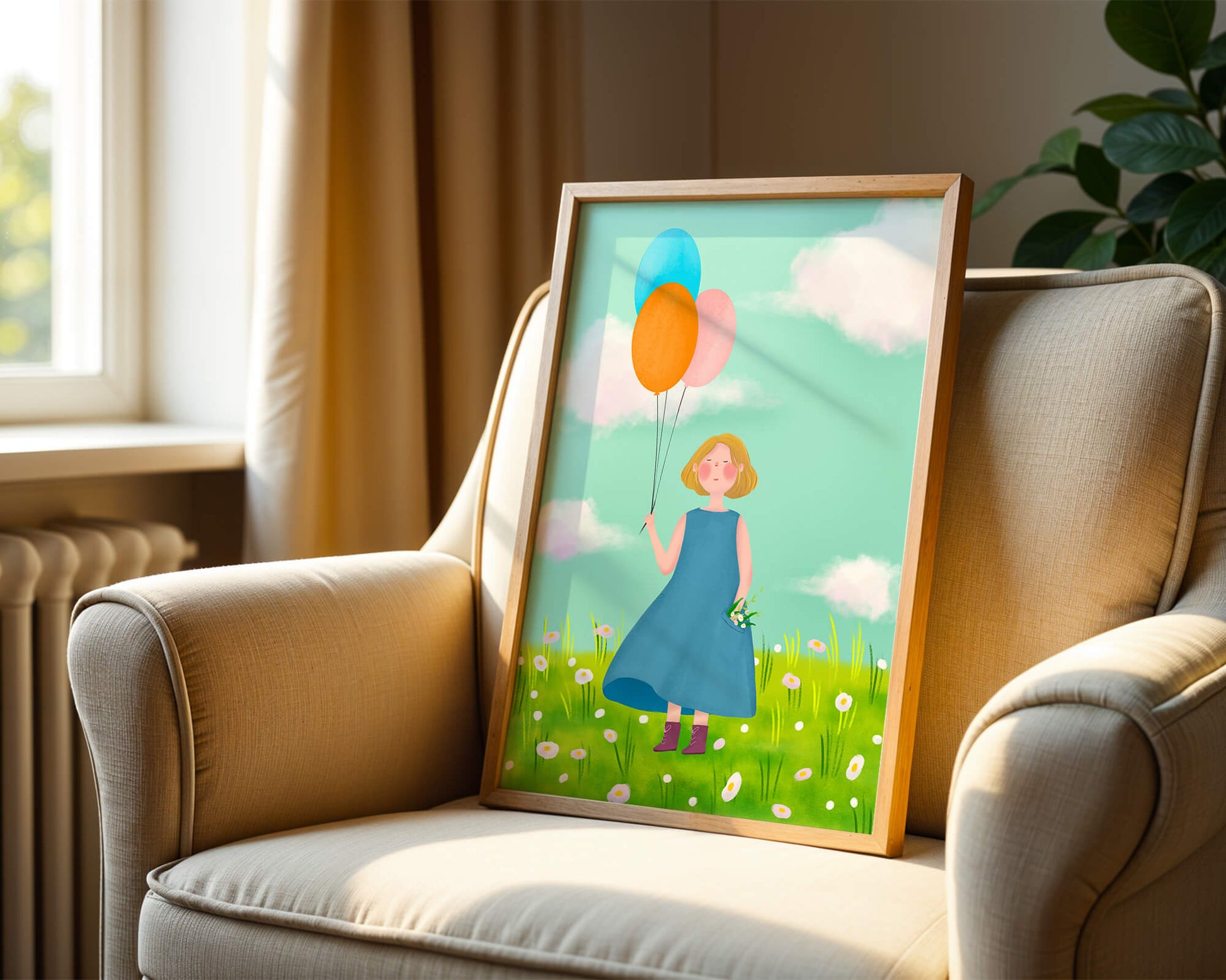 Girl with balloons in a field of daisies under a blue sky
