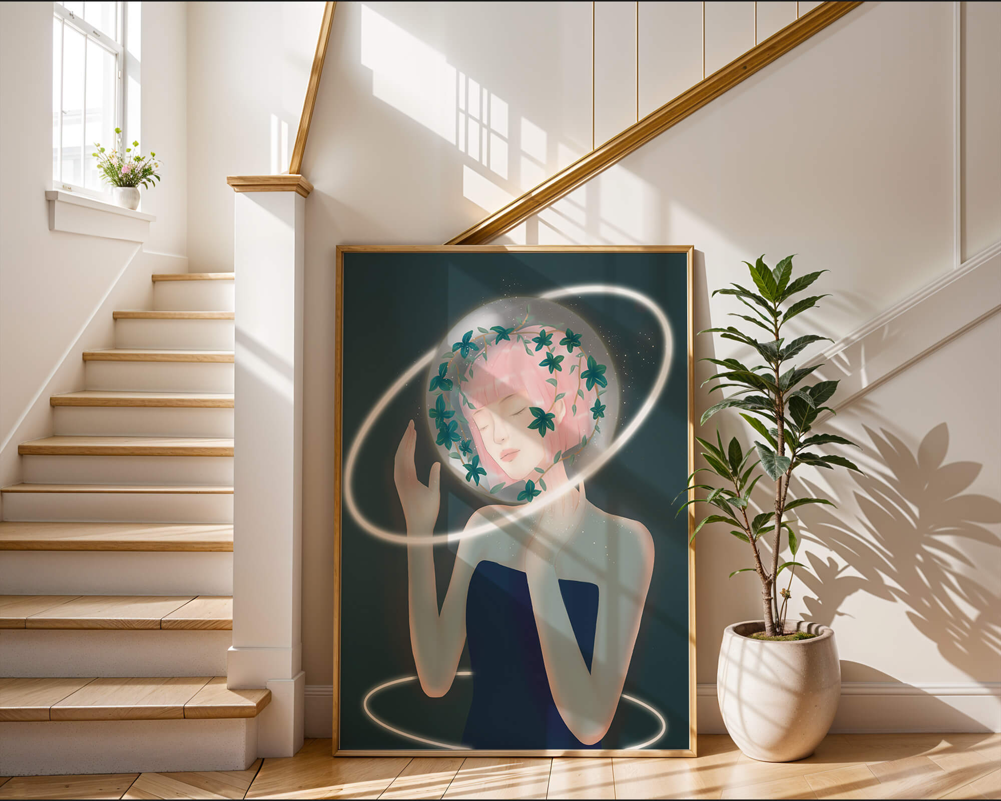 Dreamlike fantasy portrait with ethereal pink-haired figure