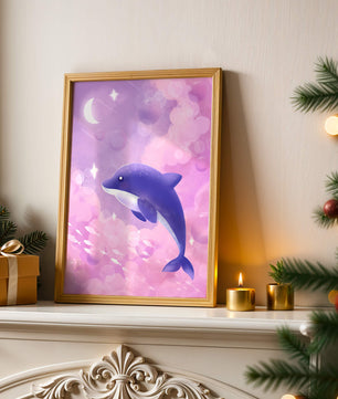 Dreamlike underwater scene with dolphin and moonlit sky