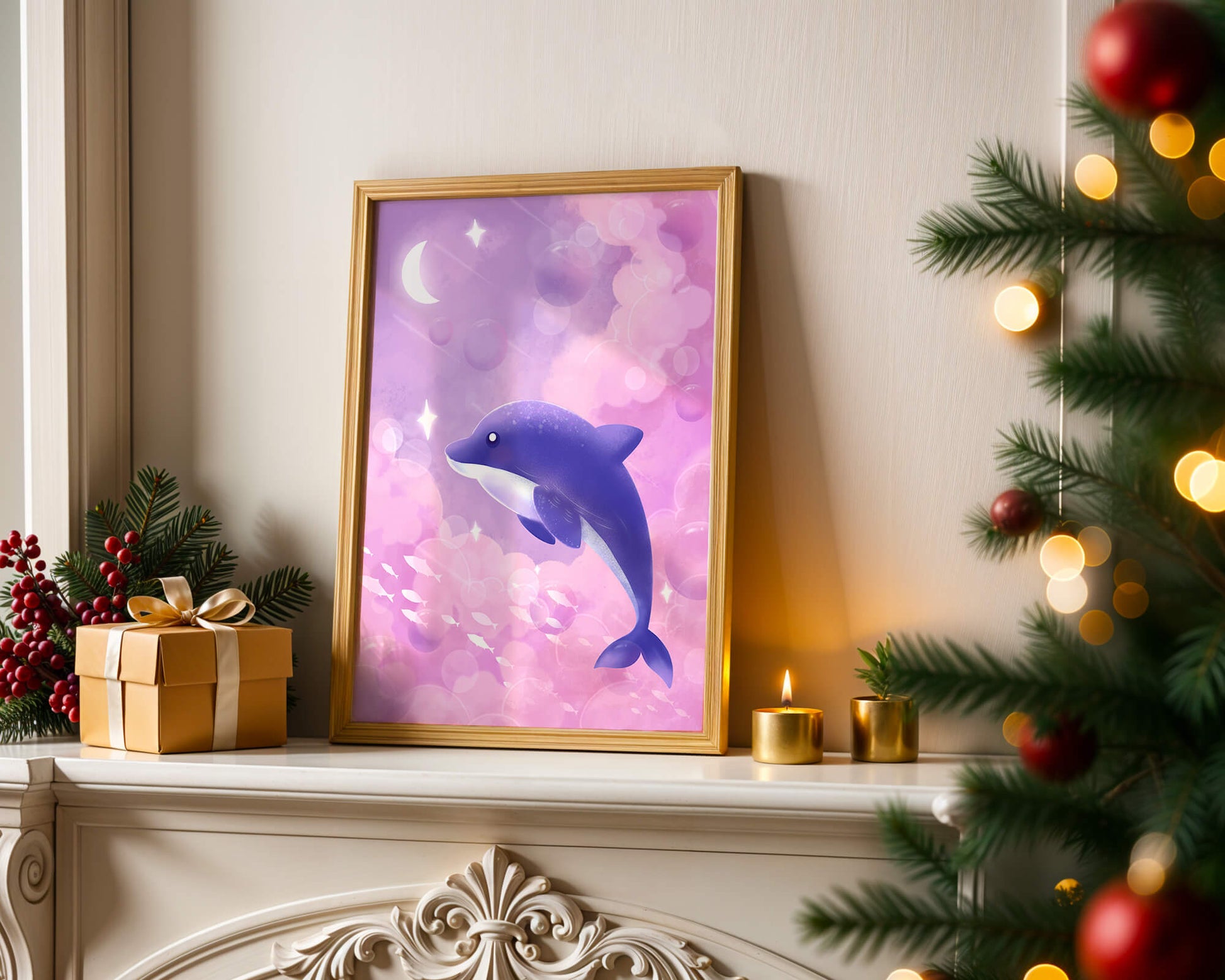 Dreamlike underwater scene with dolphin and moonlit sky