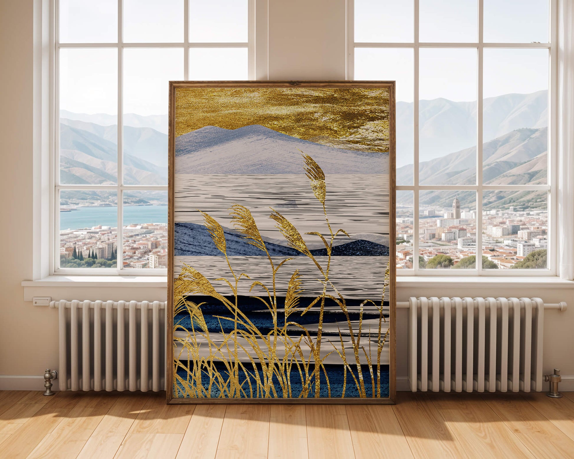 Tallos de trigo dorados contra un paisaje de montaña azul y un cielo dorado