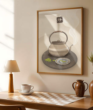 Traditional Japanese teapot with steaming tea and serene setting