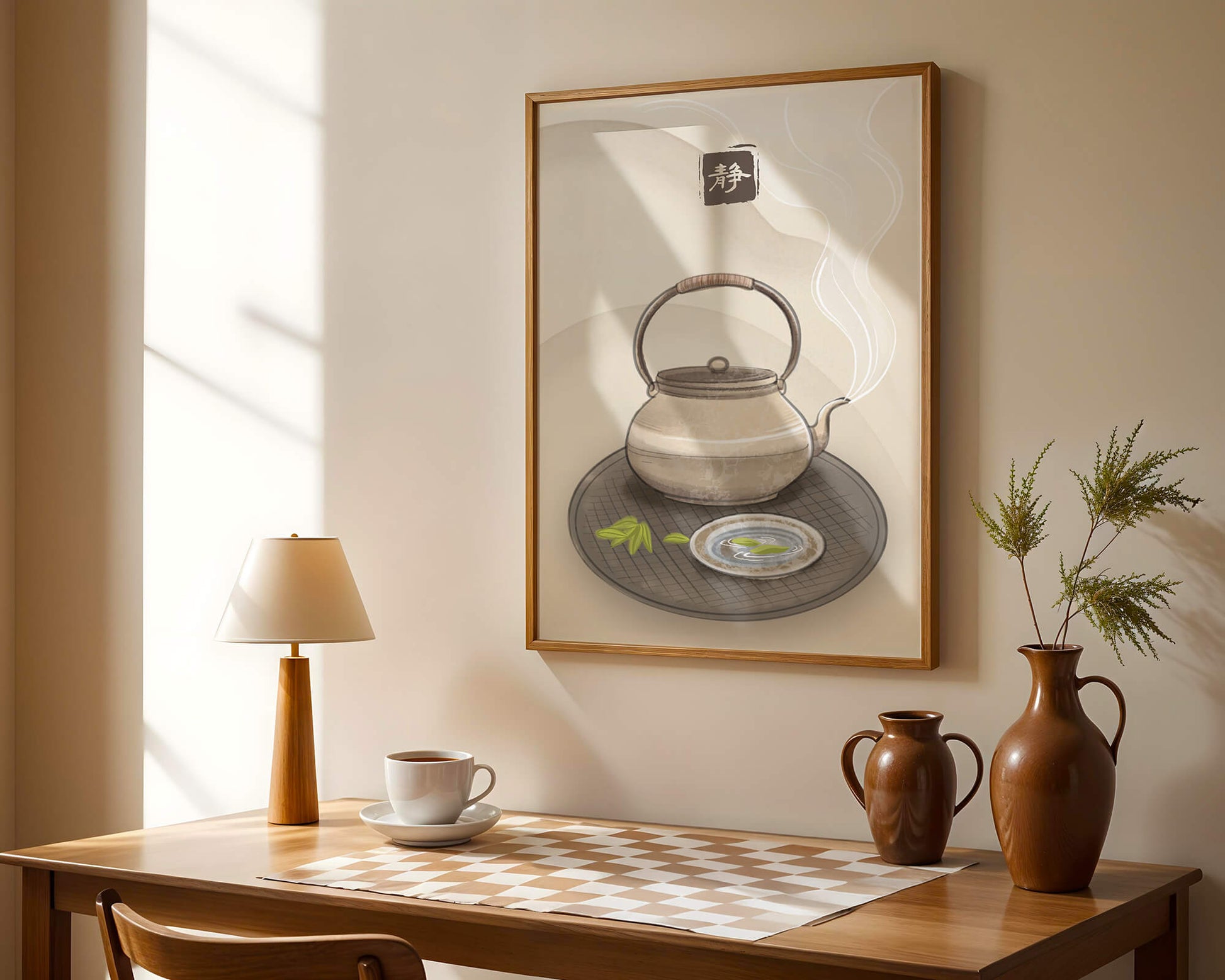 Tetera japonesa tradicional con té humeante y ambiente sereno