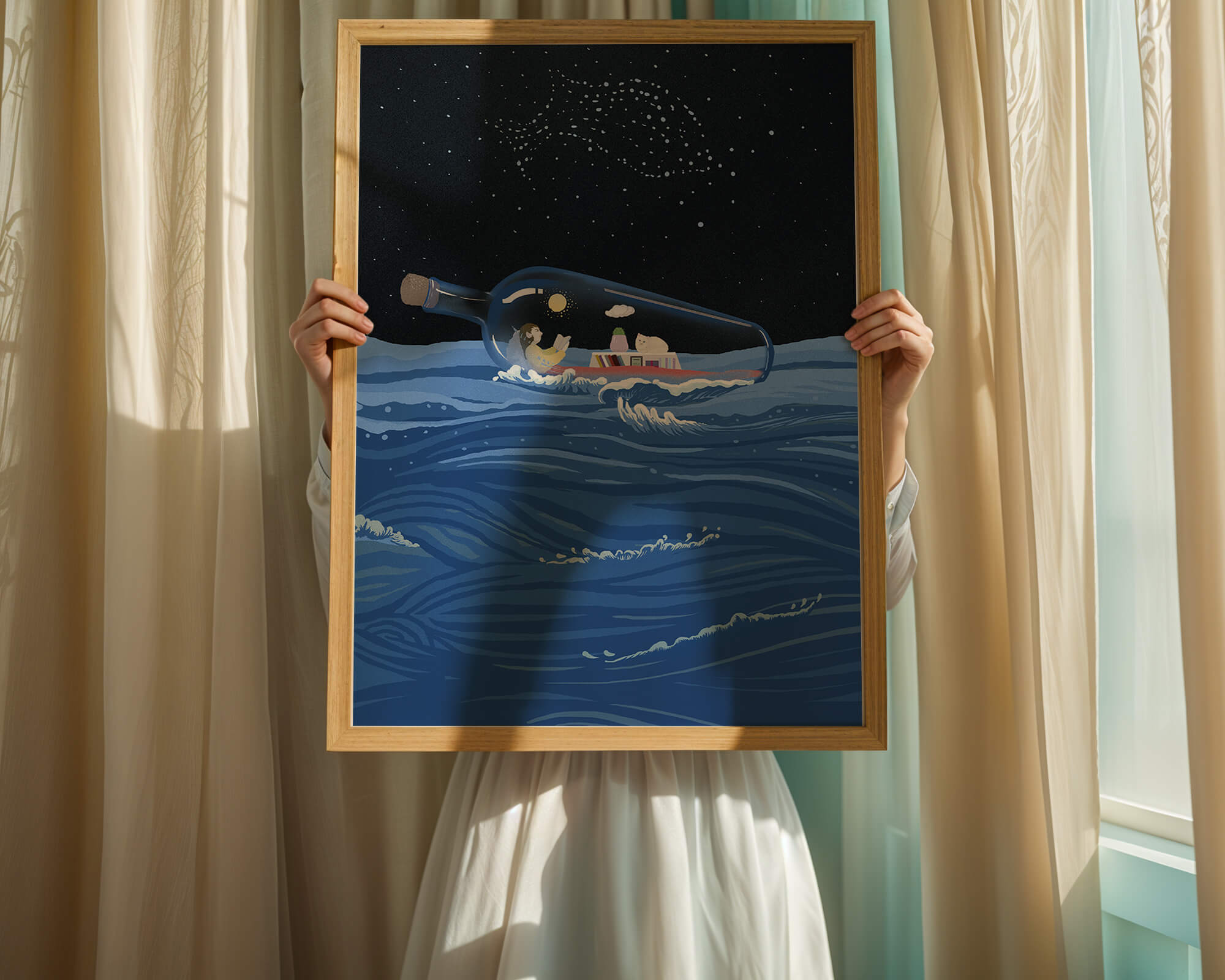 Surreal illustration of a bottle on the ocean with a starry night sky