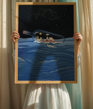Surreal illustration of a bottle on the ocean with a starry night sky