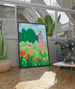 Mother and child in a floral garden under clear skies