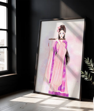 Illustration élégante à l’aquarelle d’une femme traditionnelle en tenue rose
