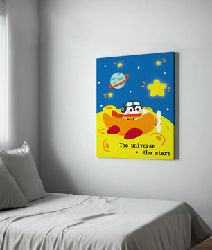 Colorful cartoon airplane with stars and planets in space