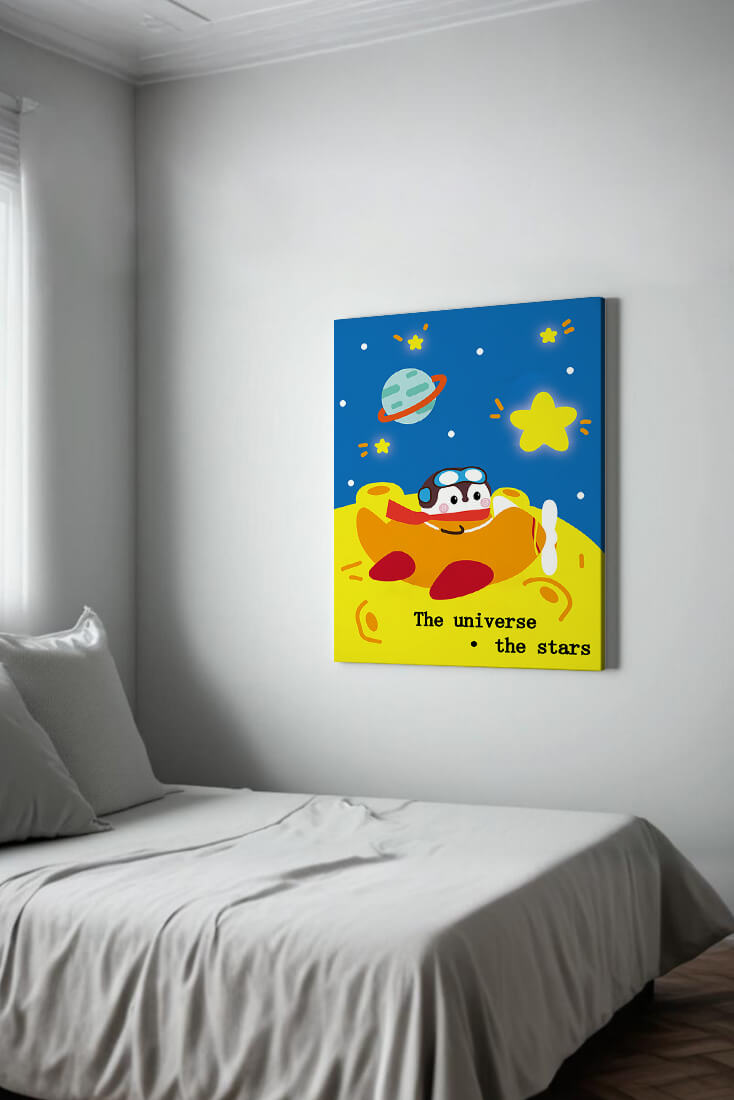 Colorful cartoon airplane with stars and planets in space