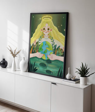 Illustration de la nature paisible avec une figure céleste tenant la Terre