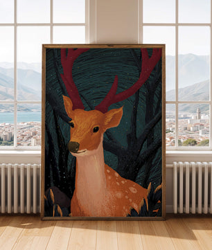 Ilustración majestuosa de un ciervo en un bosque místico