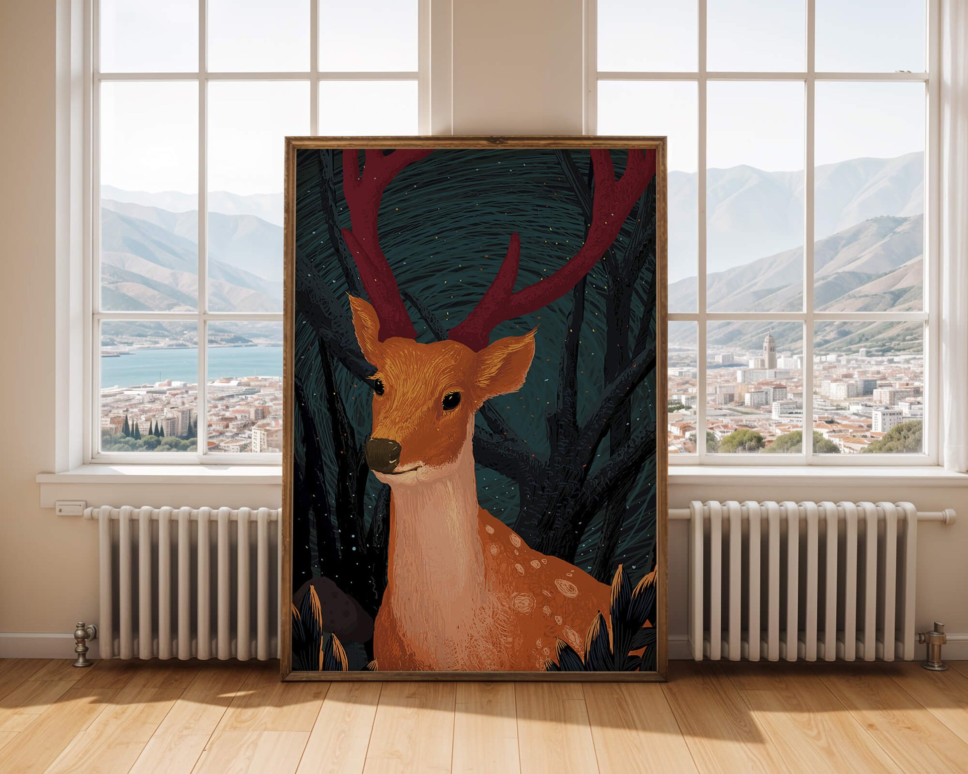 Ilustración de un majestuoso ciervo en un bosque místico