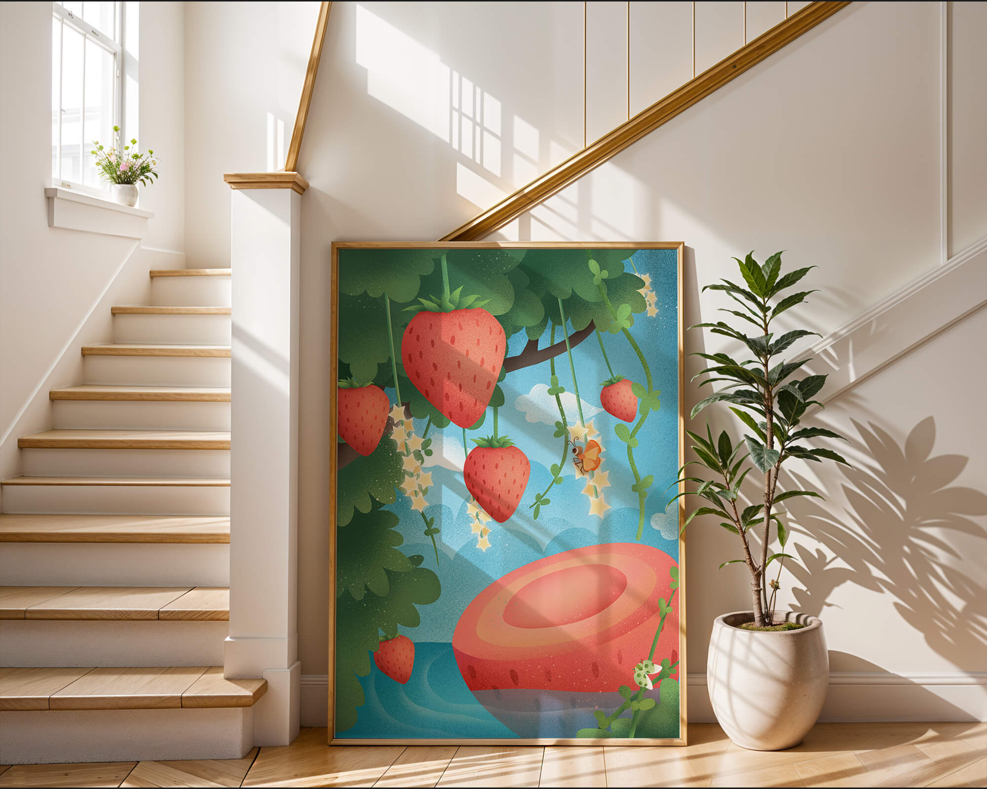 Illustrated strawberries in a whimsical garden setting