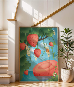 Illustrated strawberries in a whimsical garden setting