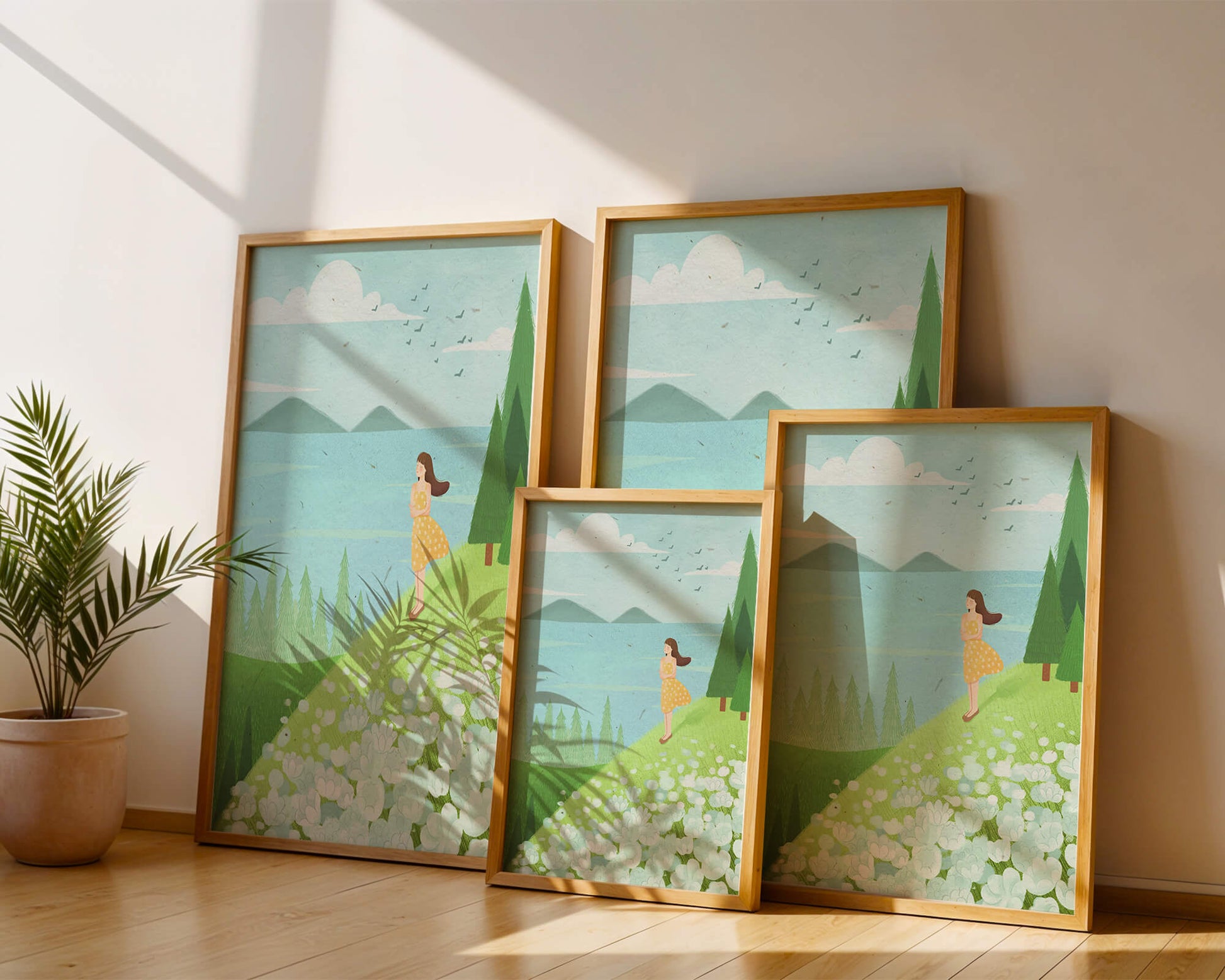 Mujer en vestido amarillo en la ladera con flores y árboles