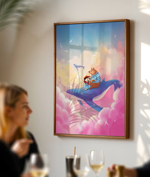 Fantasy illustration of girl and bear riding a whale through colorful clouds