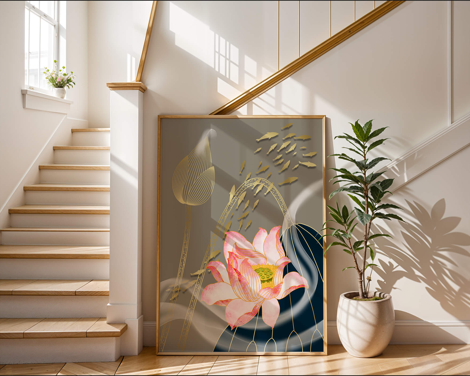 Elegant floral design with blooming lotus and golden fish accents