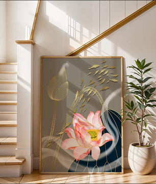 Elegant floral design with blooming lotus and golden fish accents