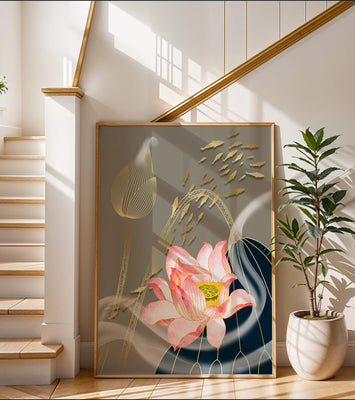 Elegant floral design with blooming lotus and golden fish accents