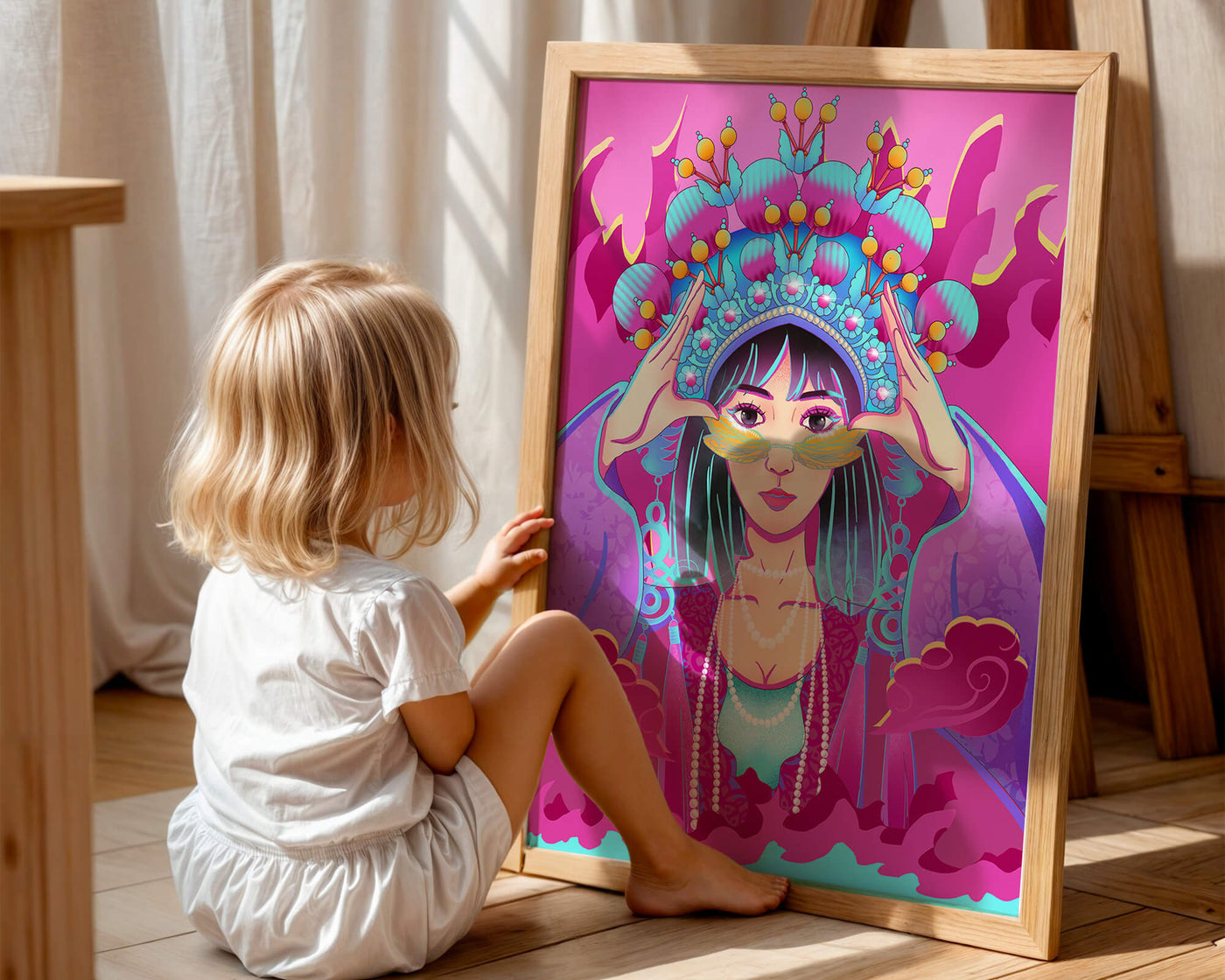 Colorful illustration of a woman in traditional costume with ornate headpiece