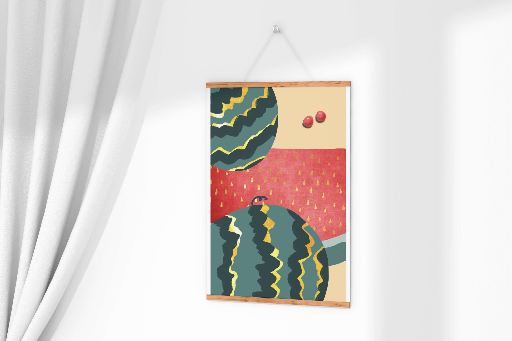 Arte abstracto vibrante de sandía con reflejos dorados