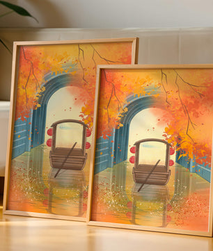 Serene autumn scene with archway and wooden boat